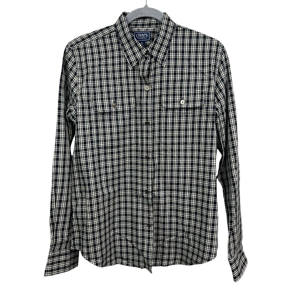 Chaps Women Plaid Top Blouse Classic Fit Button Up Flap Pockets Black White M*